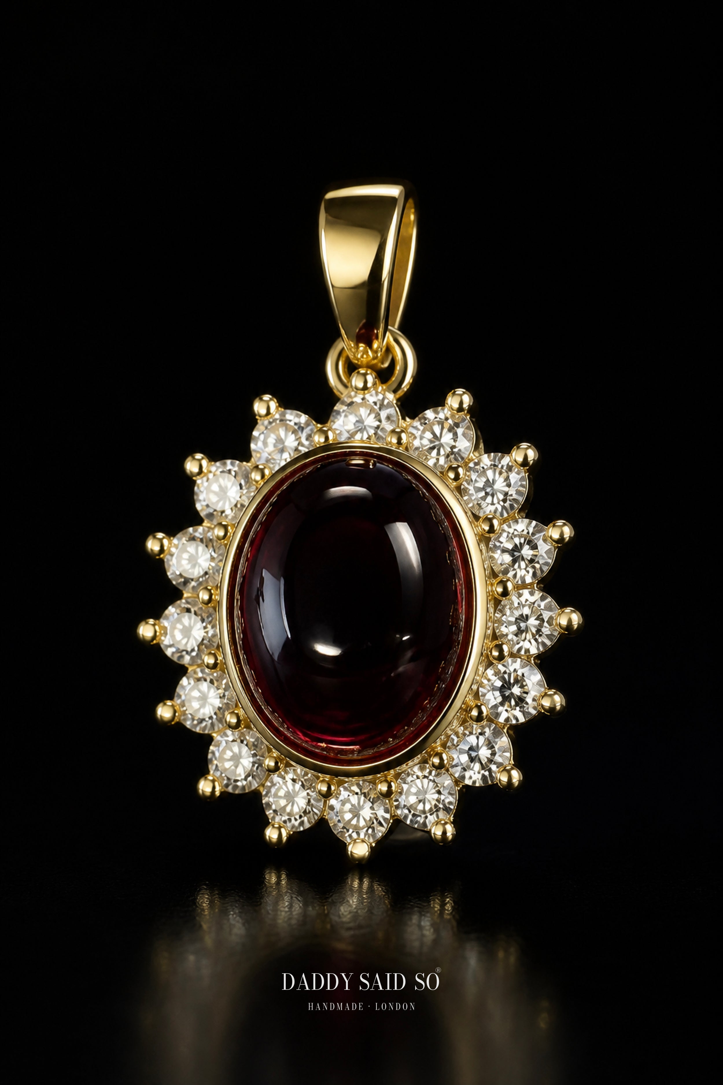 Gold Lariat Chain with Deep Red Halo Pendant