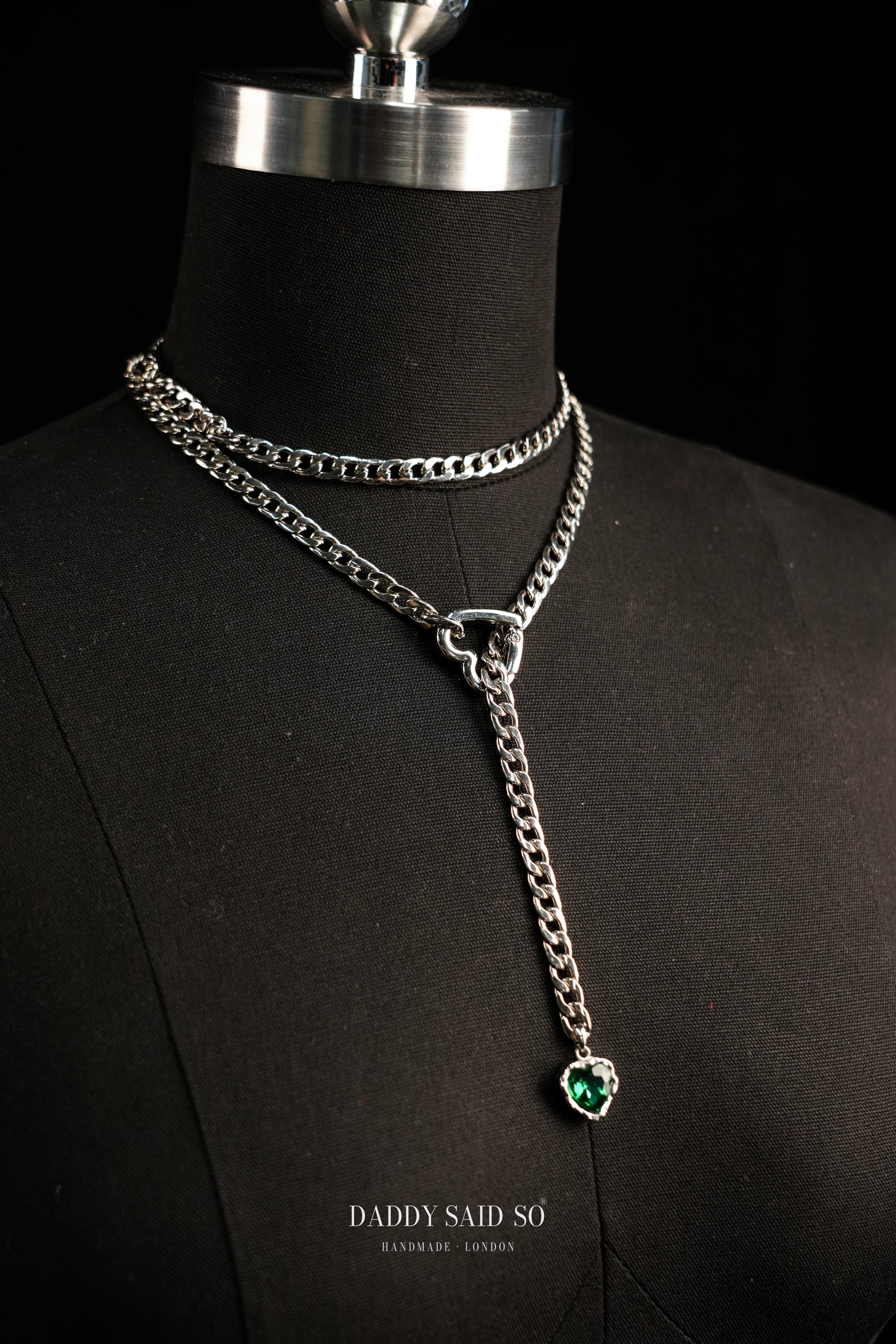Silver Curb Chain Necklace with Green Heart Pendant
