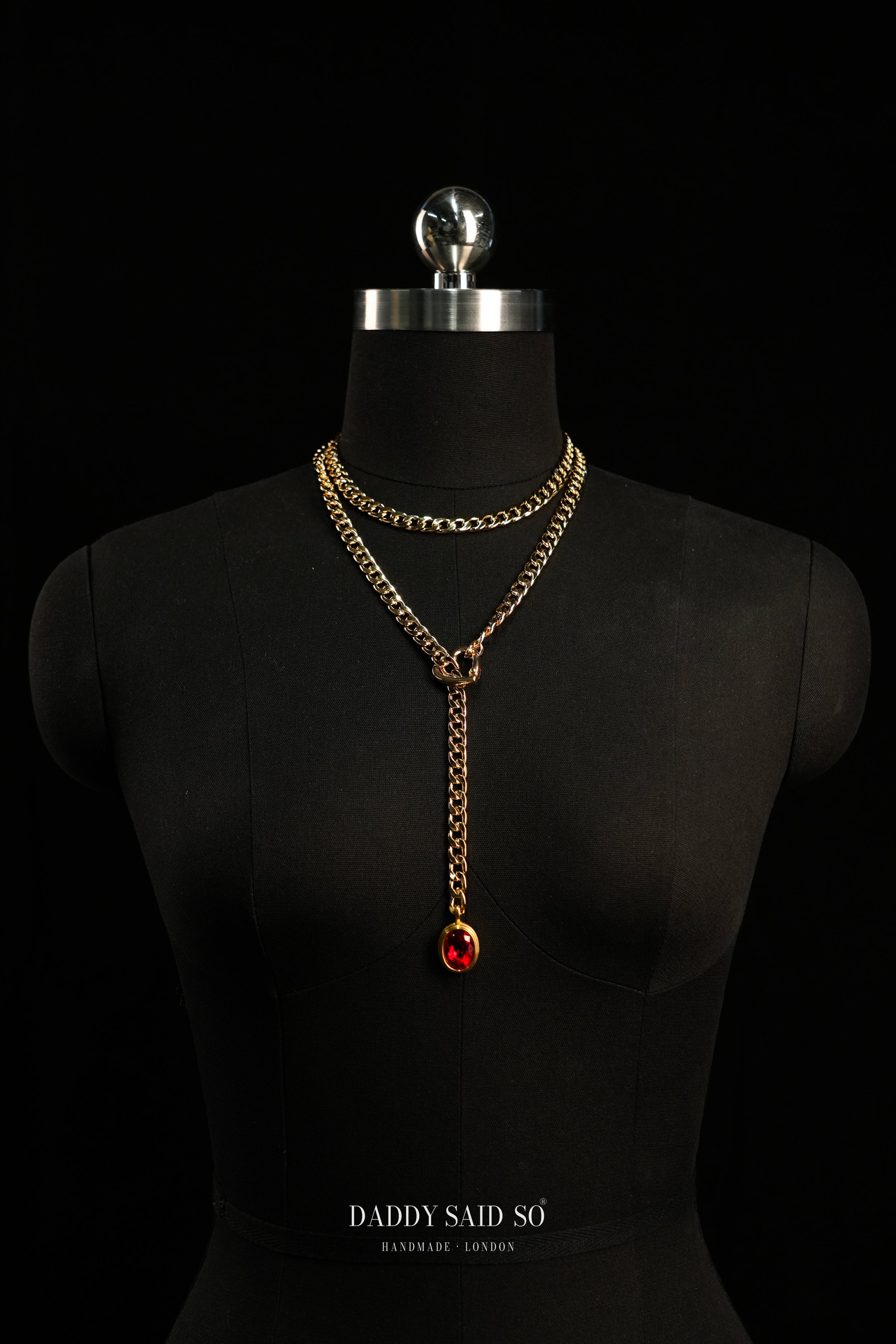 Gold Curb Chain Necklace with Red Oval Pendant