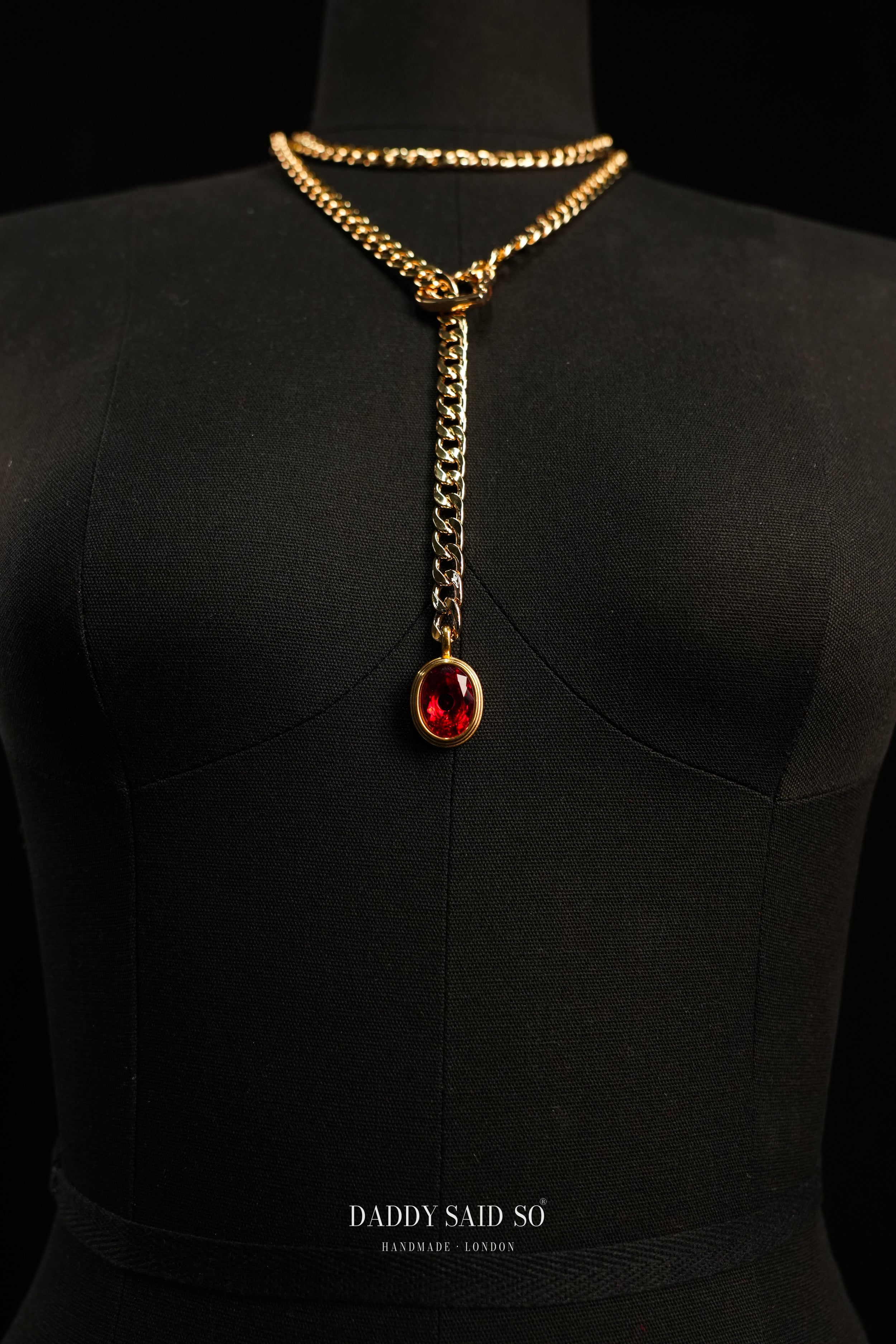 Gold Curb Chain Necklace with Red Oval Pendant