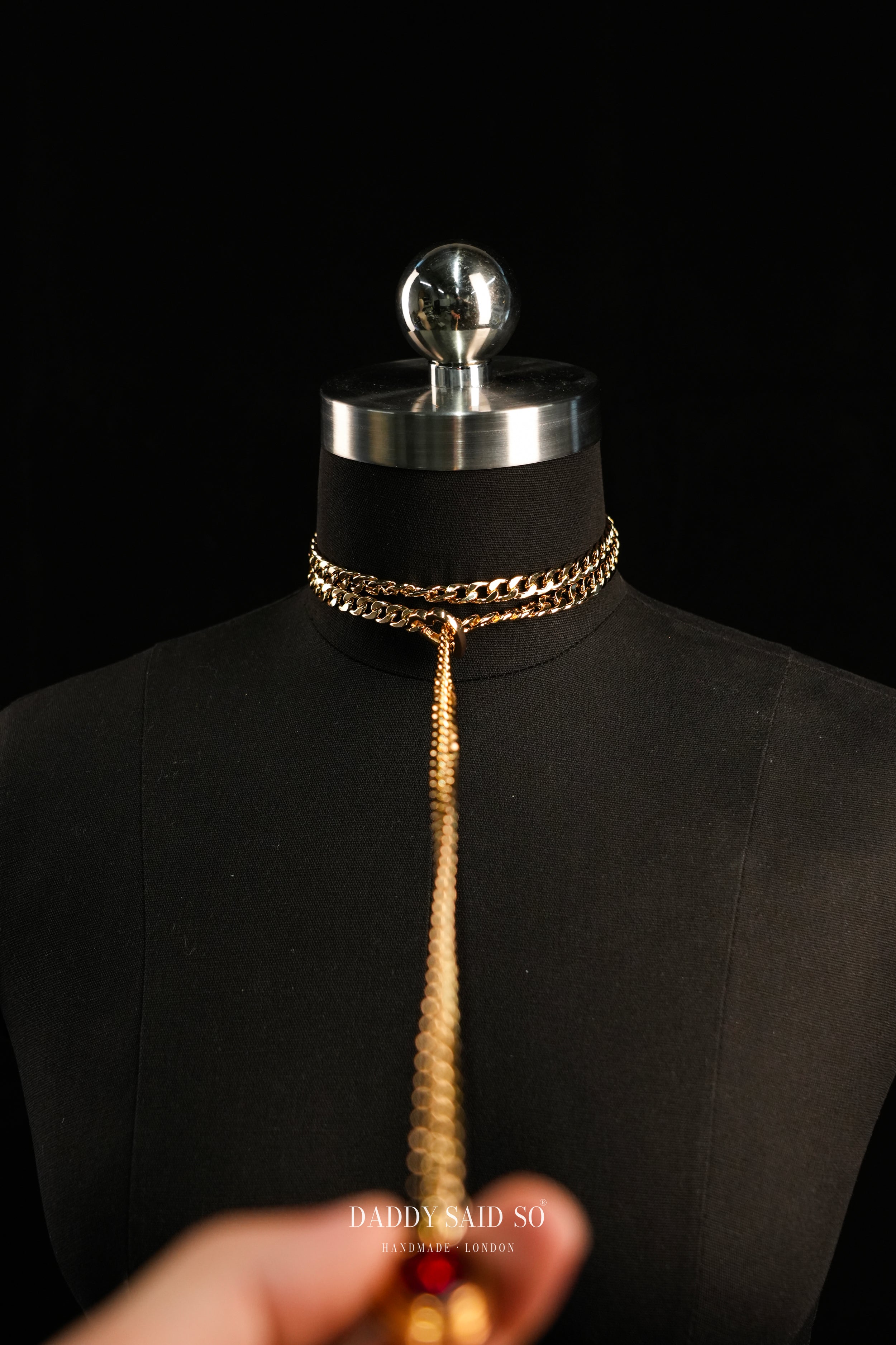 Gold Curb Chain Necklace with Red Oval Pendant