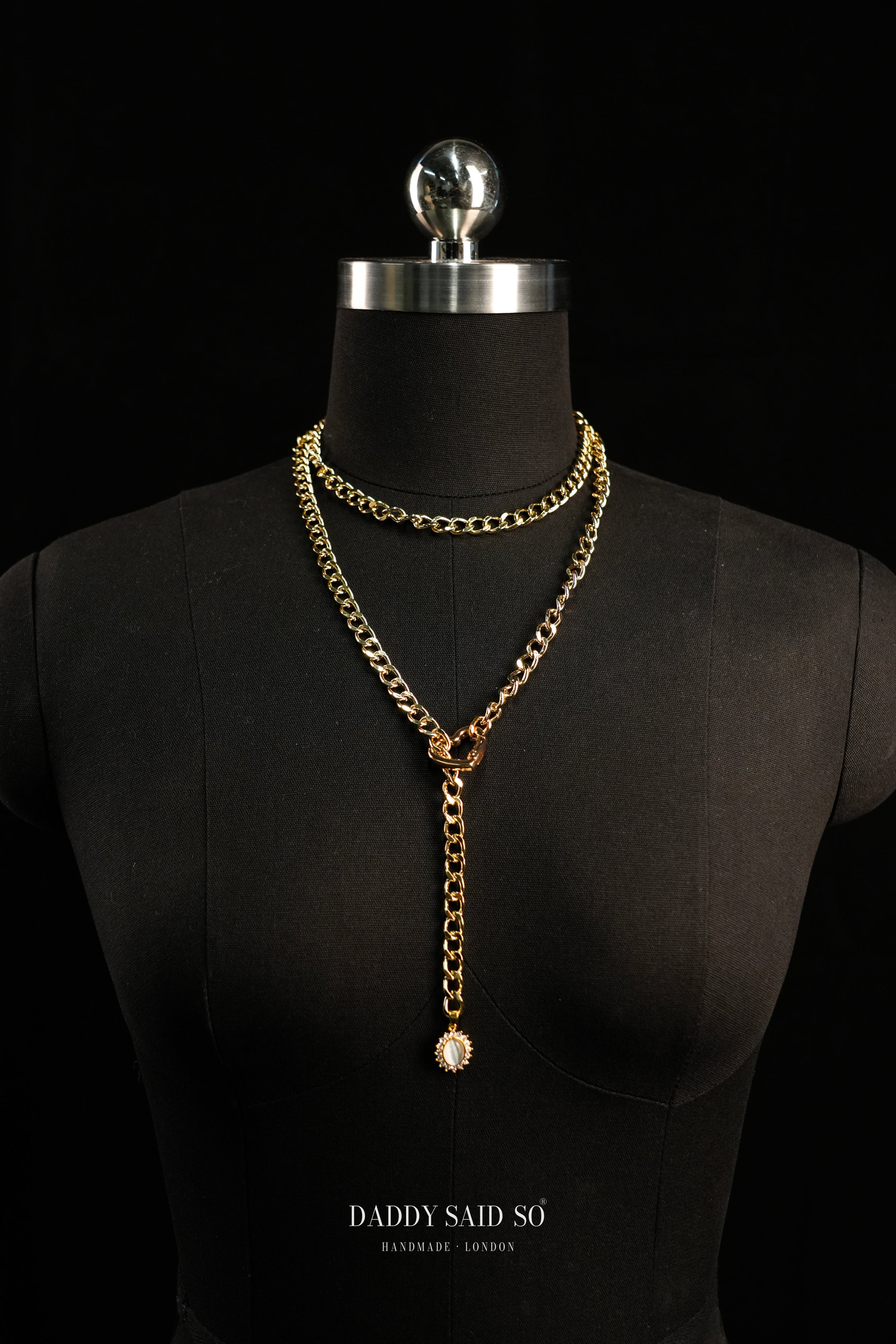 Gold Lariat Chain with White Halo Pendant